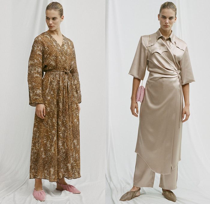 Nanushka 2019 Pre-Fall Autumn Womens Lookbook Presentation Sandra Sandor - Denim Jeans Jacket Mockneck Flowers Floral Tie Up Knot Wrap Silk Satin Loungewear Wide Leg Pants Fringes Snakeskin Zebra Leopard Print Tearaway Buttons Skirt One Shoulder Trench Coat Plaid Check Quilted Puffer Parka Cycling Bike Compression Shorts Tights Robe Rope Waist Shirtdress Onesie Dress Knit Sweater Wrapped Flats Kitten Heels Sandals Fanny Pack Waist Pouch Bum Bag Handbag