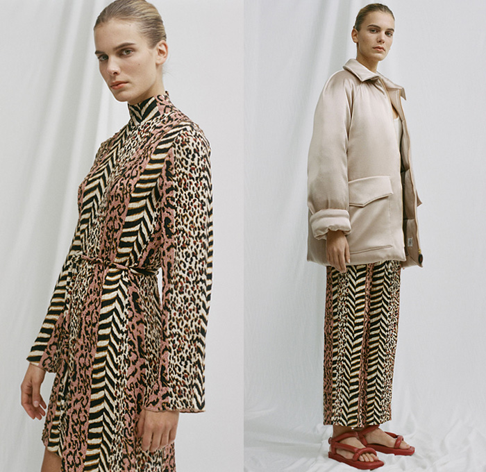 Nanushka 2019 Pre-Fall Autumn Womens Lookbook Presentation Sandra Sandor - Denim Jeans Jacket Mockneck Flowers Floral Tie Up Knot Wrap Silk Satin Loungewear Wide Leg Pants Fringes Snakeskin Zebra Leopard Print Tearaway Buttons Skirt One Shoulder Trench Coat Plaid Check Quilted Puffer Parka Cycling Bike Compression Shorts Tights Robe Rope Waist Shirtdress Onesie Dress Knit Sweater Wrapped Flats Kitten Heels Sandals Fanny Pack Waist Pouch Bum Bag Handbag