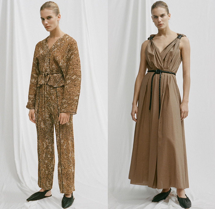 Nanushka 2019 Pre-Fall Autumn Womens Lookbook Presentation Sandra Sandor - Denim Jeans Jacket Mockneck Flowers Floral Tie Up Knot Wrap Silk Satin Loungewear Wide Leg Pants Fringes Snakeskin Zebra Leopard Print Tearaway Buttons Skirt One Shoulder Trench Coat Plaid Check Quilted Puffer Parka Cycling Bike Compression Shorts Tights Robe Rope Waist Shirtdress Onesie Dress Knit Sweater Wrapped Flats Kitten Heels Sandals Fanny Pack Waist Pouch Bum Bag Handbag