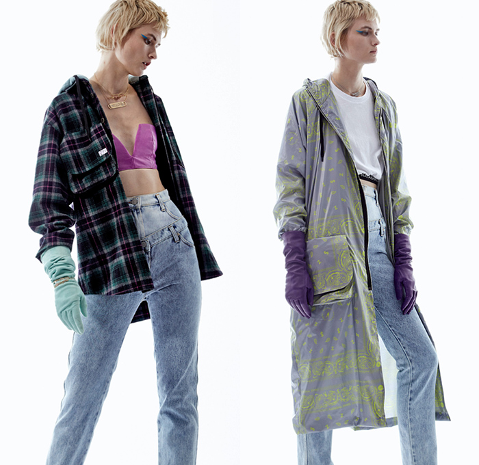 Natasha Zinko 2019 Pre-Fall Autumn Womens Mens Lookbook Presentation - Drippy No Slippy Deconstructed Hybrid Denim Jeans Jacket Flannel Plaid Check Trash Landfill Shirtdress Frayed Raw Hem Trackwear Turtleneck Houndstooth Bike Cycling Compression Shorts Tights Crop Top Double Closure Gloves Paisley Chunky Knit Sweater Blazer Sweatpants Jogger 
Pockets Pantsuit Fanny Pack Waist Pouch Bum Bag Lunch Box Boots