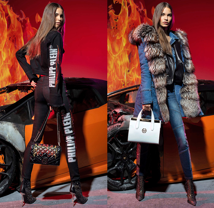 Philipp Plein 2019 Pre-Fall Autumn Womens Lookbook Presentation - Motorcycle Biker Rider Leather Rock n Roll Flames Roses Flowers Floral Swarovski Crystals Bedazzled Embroidery Studs Gems Logo Mania Denim Jeans Quilted Puffer Parka Coat Jacket Miniskirt Fringes Fur Zebra Straps Belts Jogger Sweatpants Leggings Knit Sweater Velvet Gown Lace Sheer Tulle Houndstooth Knee High Boots Stiletto Fanny Pack Bum Bag Handbag