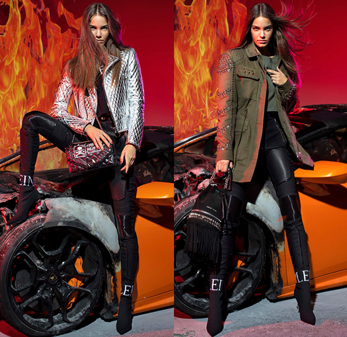 Philipp Plein 2019 Pre-Fall Autumn Womens Lookbook Presentation - Motorcycle Biker Rider Leather Rock n Roll Flames Roses Flowers Floral Swarovski Crystals Bedazzled Embroidery Studs Gems Logo Mania Denim Jeans Quilted Puffer Parka Coat Jacket Miniskirt Fringes Fur Zebra Straps Belts Jogger Sweatpants Leggings Knit Sweater Velvet Gown Lace Sheer Tulle Houndstooth Knee High Boots Stiletto Fanny Pack Bum Bag Handbag