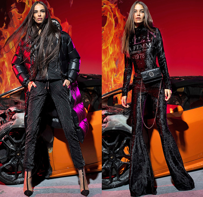 Philipp Plein 2019 Pre-Fall Autumn Womens Lookbook Presentation - Motorcycle Biker Rider Leather Rock n Roll Flames Roses Flowers Floral Swarovski Crystals Bedazzled Embroidery Studs Gems Logo Mania Denim Jeans Quilted Puffer Parka Coat Jacket Miniskirt Fringes Fur Zebra Straps Belts Jogger Sweatpants Leggings Knit Sweater Velvet Gown Lace Sheer Tulle Houndstooth Knee High Boots Stiletto Fanny Pack Bum Bag Handbag