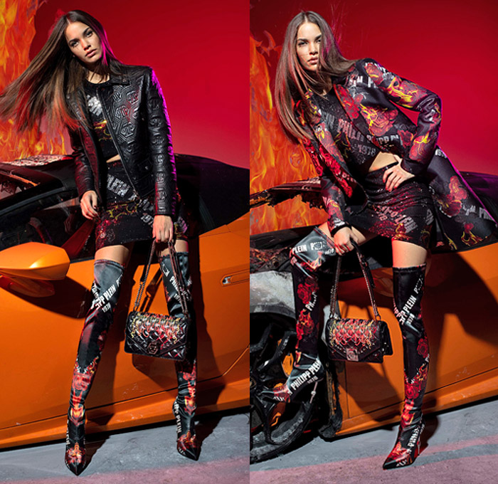 Philipp Plein 2019 Pre-Fall Autumn Womens Lookbook Presentation - Motorcycle Biker Rider Leather Rock n Roll Flames Roses Flowers Floral Swarovski Crystals Bedazzled Embroidery Studs Gems Logo Mania Denim Jeans Quilted Puffer Parka Coat Jacket Miniskirt Fringes Fur Zebra Straps Belts Jogger Sweatpants Leggings Knit Sweater Velvet Gown Lace Sheer Tulle Houndstooth Knee High Boots Stiletto Fanny Pack Bum Bag Handbag