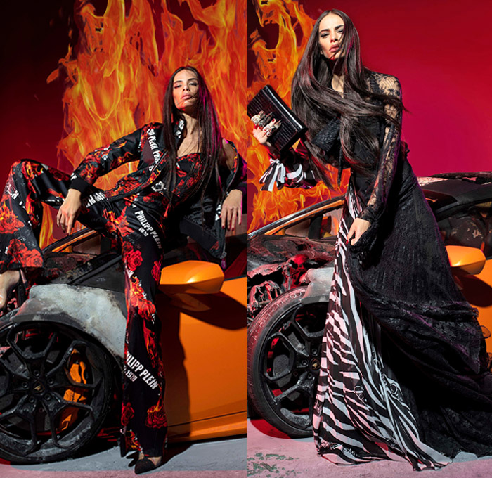 Philipp Plein 2019 Pre-Fall Autumn Womens Lookbook Presentation - Motorcycle Biker Rider Leather Rock n Roll Flames Roses Flowers Floral Swarovski Crystals Bedazzled Embroidery Studs Gems Logo Mania Denim Jeans Quilted Puffer Parka Coat Jacket Miniskirt Fringes Fur Zebra Straps Belts Jogger Sweatpants Leggings Knit Sweater Velvet Gown Lace Sheer Tulle Houndstooth Knee High Boots Stiletto Fanny Pack Bum Bag Handbag