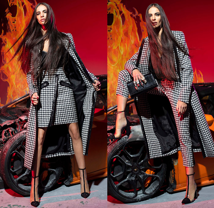 Philipp Plein 2019 Pre-Fall Autumn Womens Lookbook Presentation - Motorcycle Biker Rider Leather Rock n Roll Flames Roses Flowers Floral Swarovski Crystals Bedazzled Embroidery Studs Gems Logo Mania Denim Jeans Quilted Puffer Parka Coat Jacket Miniskirt Fringes Fur Zebra Straps Belts Jogger Sweatpants Leggings Knit Sweater Velvet Gown Lace Sheer Tulle Houndstooth Knee High Boots Stiletto Fanny Pack Bum Bag Handbag
