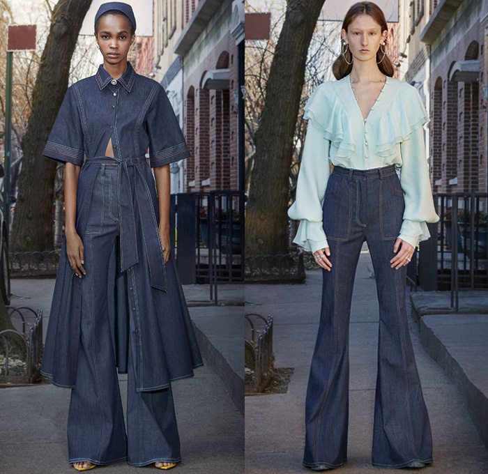 Prabal Gurung 2019 Pre-Fall Autumn Womens Mens Lookbook Presentation - Denim Jeans Shirtdress Tie Up Waist Wide Leg Flare Palazzo Pants Ruffles Tiered Blouse Zebra Stripes Athleisure Tracksuit One Shoulder Cargo Pockets Shorts Leggings Flowers Floral Print Dress Pantsuit Brocade Petal Hem Knit Sweaterdress Leg O'Mutton Sleeves Bedazzled Sequins Wrap Strapless Gown Headwear Lace Cutwork Plaid Check Sunglasses Kitten Heels Boots Trainers 