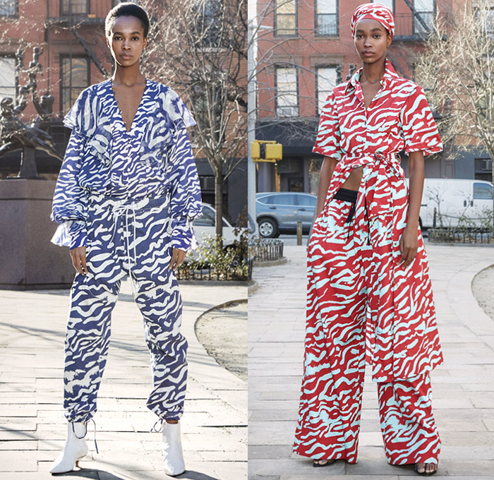 Prabal Gurung 2019 Pre-Fall Autumn Womens Mens Lookbook Presentation - Denim Jeans Shirtdress Tie Up Waist Wide Leg Flare Palazzo Pants Ruffles Tiered Blouse Zebra Stripes Athleisure Tracksuit One Shoulder Cargo Pockets Shorts Leggings Flowers Floral Print Dress Pantsuit Brocade Petal Hem Knit Sweaterdress Leg O'Mutton Sleeves Bedazzled Sequins Wrap Strapless Gown Headwear Lace Cutwork Plaid Check Sunglasses Kitten Heels Boots Trainers 