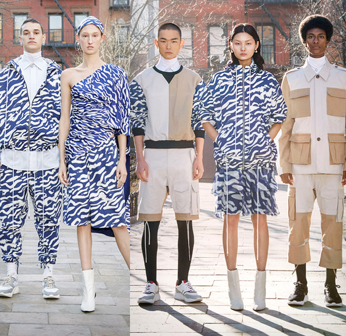 Prabal Gurung 2019 Pre-Fall Autumn Womens Mens Lookbook Presentation - Denim Jeans Shirtdress Tie Up Waist Wide Leg Flare Palazzo Pants Ruffles Tiered Blouse Zebra Stripes Athleisure Tracksuit One Shoulder Cargo Pockets Shorts Leggings Flowers Floral Print Dress Pantsuit Brocade Petal Hem Knit Sweaterdress Leg O'Mutton Sleeves Bedazzled Sequins Wrap Strapless Gown Headwear Lace Cutwork Plaid Check Sunglasses Kitten Heels Boots Trainers 