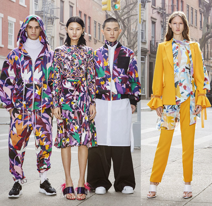 Prabal Gurung 2019 Pre-Fall Autumn Womens Mens Lookbook Presentation - Denim Jeans Shirtdress Tie Up Waist Wide Leg Flare Palazzo Pants Ruffles Tiered Blouse Zebra Stripes Athleisure Tracksuit One Shoulder Cargo Pockets Shorts Leggings Flowers Floral Print Dress Pantsuit Brocade Petal Hem Knit Sweaterdress Leg O'Mutton Sleeves Bedazzled Sequins Wrap Strapless Gown Headwear Lace Cutwork Plaid Check Sunglasses Kitten Heels Boots Trainers 