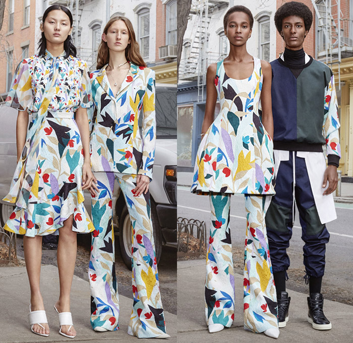 Prabal Gurung 2019 Pre-Fall Autumn Womens Mens Lookbook Presentation - Denim Jeans Shirtdress Tie Up Waist Wide Leg Flare Palazzo Pants Ruffles Tiered Blouse Zebra Stripes Athleisure Tracksuit One Shoulder Cargo Pockets Shorts Leggings Flowers Floral Print Dress Pantsuit Brocade Petal Hem Knit Sweaterdress Leg O'Mutton Sleeves Bedazzled Sequins Wrap Strapless Gown Headwear Lace Cutwork Plaid Check Sunglasses Kitten Heels Boots Trainers 