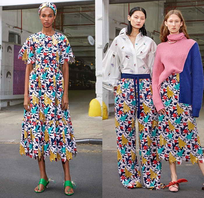 Prabal Gurung 2019 Pre-Fall Autumn Womens Mens Lookbook Presentation - Denim Jeans Shirtdress Tie Up Waist Wide Leg Flare Palazzo Pants Ruffles Tiered Blouse Zebra Stripes Athleisure Tracksuit One Shoulder Cargo Pockets Shorts Leggings Flowers Floral Print Dress Pantsuit Brocade Petal Hem Knit Sweaterdress Leg O'Mutton Sleeves Bedazzled Sequins Wrap Strapless Gown Headwear Lace Cutwork Plaid Check Sunglasses Kitten Heels Boots Trainers 