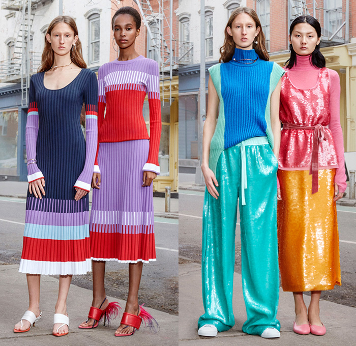 Prabal Gurung 2019 Pre-Fall Autumn Womens Mens Lookbook Presentation - Denim Jeans Shirtdress Tie Up Waist Wide Leg Flare Palazzo Pants Ruffles Tiered Blouse Zebra Stripes Athleisure Tracksuit One Shoulder Cargo Pockets Shorts Leggings Flowers Floral Print Dress Pantsuit Brocade Petal Hem Knit Sweaterdress Leg O'Mutton Sleeves Bedazzled Sequins Wrap Strapless Gown Headwear Lace Cutwork Plaid Check Sunglasses Kitten Heels Boots Trainers 