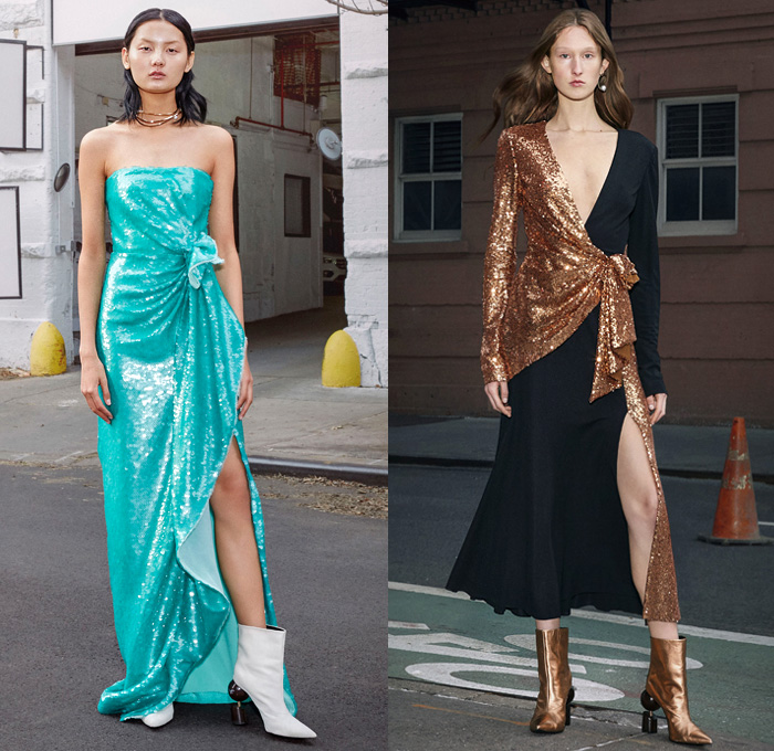 Prabal Gurung 2019 Pre-Fall Autumn Womens Mens Lookbook Presentation - Denim Jeans Shirtdress Tie Up Waist Wide Leg Flare Palazzo Pants Ruffles Tiered Blouse Zebra Stripes Athleisure Tracksuit One Shoulder Cargo Pockets Shorts Leggings Flowers Floral Print Dress Pantsuit Brocade Petal Hem Knit Sweaterdress Leg O'Mutton Sleeves Bedazzled Sequins Wrap Strapless Gown Headwear Lace Cutwork Plaid Check Sunglasses Kitten Heels Boots Trainers 