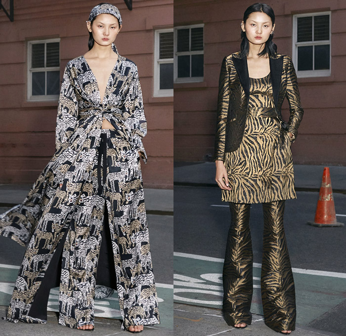 Prabal Gurung 2019 Pre-Fall Autumn Womens Mens Lookbook Presentation - Denim Jeans Shirtdress Tie Up Waist Wide Leg Flare Palazzo Pants Ruffles Tiered Blouse Zebra Stripes Athleisure Tracksuit One Shoulder Cargo Pockets Shorts Leggings Flowers Floral Print Dress Pantsuit Brocade Petal Hem Knit Sweaterdress Leg O'Mutton Sleeves Bedazzled Sequins Wrap Strapless Gown Headwear Lace Cutwork Plaid Check Sunglasses Kitten Heels Boots Trainers 