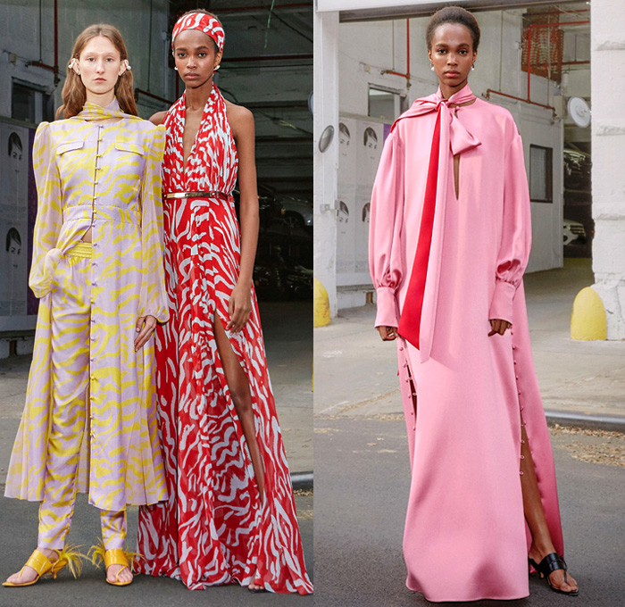 Prabal Gurung 2019 Pre-Fall Autumn Womens Mens Lookbook Presentation - Denim Jeans Shirtdress Tie Up Waist Wide Leg Flare Palazzo Pants Ruffles Tiered Blouse Zebra Stripes Athleisure Tracksuit One Shoulder Cargo Pockets Shorts Leggings Flowers Floral Print Dress Pantsuit Brocade Petal Hem Knit Sweaterdress Leg O'Mutton Sleeves Bedazzled Sequins Wrap Strapless Gown Headwear Lace Cutwork Plaid Check Sunglasses Kitten Heels Boots Trainers 