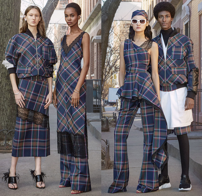 Prabal Gurung 2019 Pre-Fall Autumn Womens Mens Lookbook Presentation - Denim Jeans Shirtdress Tie Up Waist Wide Leg Flare Palazzo Pants Ruffles Tiered Blouse Zebra Stripes Athleisure Tracksuit One Shoulder Cargo Pockets Shorts Leggings Flowers Floral Print Dress Pantsuit Brocade Petal Hem Knit Sweaterdress Leg O'Mutton Sleeves Bedazzled Sequins Wrap Strapless Gown Headwear Lace Cutwork Plaid Check Sunglasses Kitten Heels Boots Trainers 