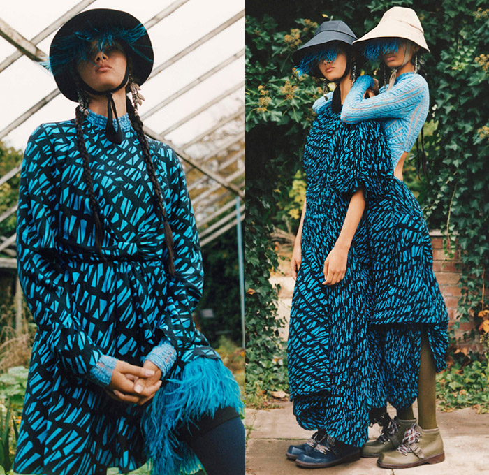 Preen Line by Thornton Bregazzi 2019 Pre-Fall Autumn Womens Lookbook Presentation - Greenhouse Garden Deconstructed Patchwork Hat Feathers Tied Knot Peasant Prairie Dress Draped Ribbed Check Plaid Snake Leopard Noodle Strap Pantsuit Blazer Tiered Satin Leggings Mix Mash Up Patterns Flowers Floral Tree Branches Ruffles Knitwear Decorative Art Cinch Trench Coat Split Half Panel Parka Lace Cutwork Boots