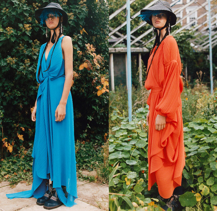 Preen Line by Thornton Bregazzi 2019 Pre-Fall Autumn Womens Lookbook Presentation - Greenhouse Garden Deconstructed Patchwork Hat Feathers Tied Knot Peasant Prairie Dress Draped Ribbed Check Plaid Snake Leopard Noodle Strap Pantsuit Blazer Tiered Satin Leggings Mix Mash Up Patterns Flowers Floral Tree Branches Ruffles Knitwear Decorative Art Cinch Trench Coat Split Half Panel Parka Lace Cutwork Boots