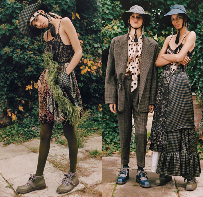 Preen Line by Thornton Bregazzi 2019 Pre-Fall Autumn Womens Lookbook Presentation - Greenhouse Garden Deconstructed Patchwork Hat Feathers Tied Knot Peasant Prairie Dress Draped Ribbed Check Plaid Snake Leopard Noodle Strap Pantsuit Blazer Tiered Satin Leggings Mix Mash Up Patterns Flowers Floral Tree Branches Ruffles Knitwear Decorative Art Cinch Trench Coat Split Half Panel Parka Lace Cutwork Boots