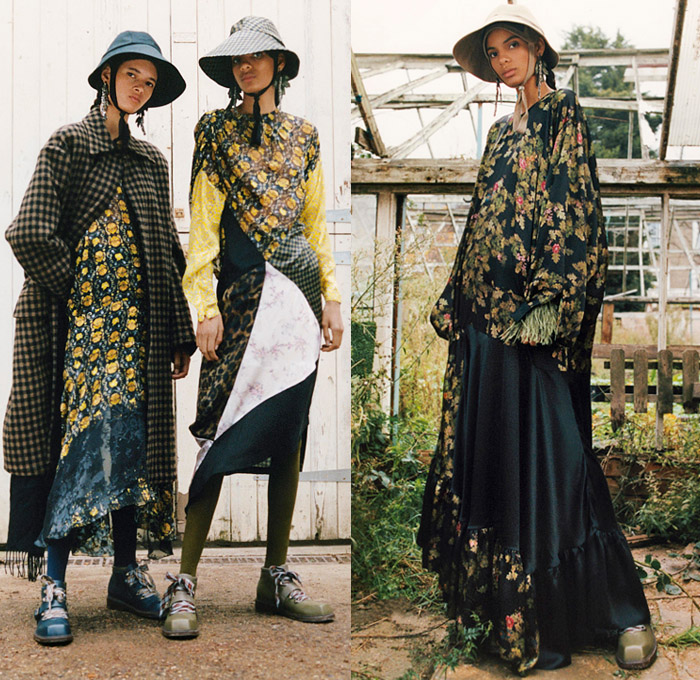 Preen Line by Thornton Bregazzi 2019 Pre-Fall Autumn Womens Lookbook Presentation - Greenhouse Garden Deconstructed Patchwork Hat Feathers Tied Knot Peasant Prairie Dress Draped Ribbed Check Plaid Snake Leopard Noodle Strap Pantsuit Blazer Tiered Satin Leggings Mix Mash Up Patterns Flowers Floral Tree Branches Ruffles Knitwear Decorative Art Cinch Trench Coat Split Half Panel Parka Lace Cutwork Boots