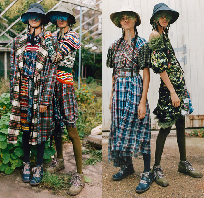 Preen Line by Thornton Bregazzi 2019 Pre-Fall Autumn Womens Lookbook Presentation - Greenhouse Garden Deconstructed Patchwork Hat Feathers Tied Knot Peasant Prairie Dress Draped Ribbed Check Plaid Snake Leopard Noodle Strap Pantsuit Blazer Tiered Satin Leggings Mix Mash Up Patterns Flowers Floral Tree Branches Ruffles Knitwear Decorative Art Cinch Trench Coat Split Half Panel Parka Lace Cutwork Boots