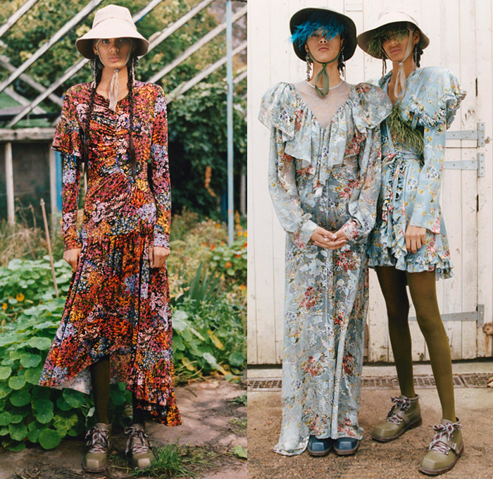 Preen Line by Thornton Bregazzi 2019 Pre-Fall Autumn Womens Lookbook Presentation - Greenhouse Garden Deconstructed Patchwork Hat Feathers Tied Knot Peasant Prairie Dress Draped Ribbed Check Plaid Snake Leopard Noodle Strap Pantsuit Blazer Tiered Satin Leggings Mix Mash Up Patterns Flowers Floral Tree Branches Ruffles Knitwear Decorative Art Cinch Trench Coat Split Half Panel Parka Lace Cutwork Boots