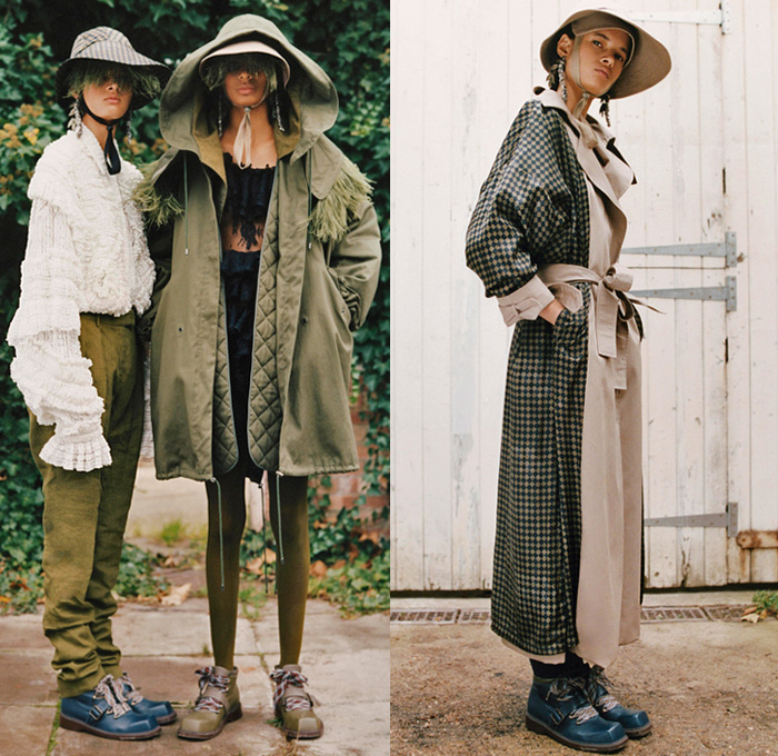 Preen Line by Thornton Bregazzi 2019 Pre-Fall Autumn Womens Lookbook Presentation - Greenhouse Garden Deconstructed Patchwork Hat Feathers Tied Knot Peasant Prairie Dress Draped Ribbed Check Plaid Snake Leopard Noodle Strap Pantsuit Blazer Tiered Satin Leggings Mix Mash Up Patterns Flowers Floral Tree Branches Ruffles Knitwear Decorative Art Cinch Trench Coat Split Half Panel Parka Lace Cutwork Boots