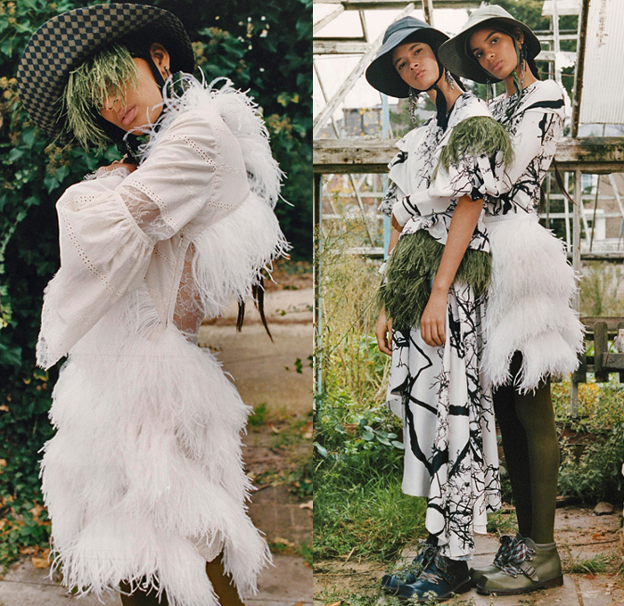 Preen Line by Thornton Bregazzi 2019 Pre-Fall Autumn Womens Lookbook Presentation - Greenhouse Garden Deconstructed Patchwork Hat Feathers Tied Knot Peasant Prairie Dress Draped Ribbed Check Plaid Snake Leopard Noodle Strap Pantsuit Blazer Tiered Satin Leggings Mix Mash Up Patterns Flowers Floral Tree Branches Ruffles Knitwear Decorative Art Cinch Trench Coat Split Half Panel Parka Lace Cutwork Boots