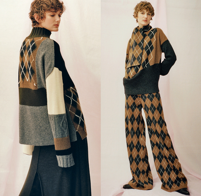 Pringle of Scotland 2019 Pre-Fall Autumn Womens Lookbook Presentation - Patchwork Chunky Ribbed Cable Knit Sweater Argyle Draped Turtleneck Jersey Sweaterdress Scarf Leg O'Mutton Sleeves Angular Handkerchief Hem Skirt Cape Wide Leg Trousers Cargo Pants Boots