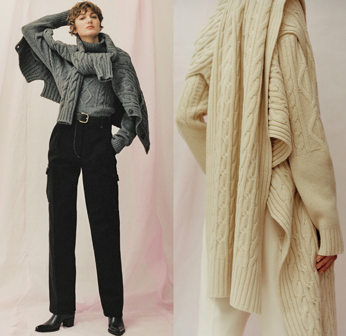 Pringle of Scotland 2019 Pre-Fall Autumn Womens Lookbook Presentation - Patchwork Chunky Ribbed Cable Knit Sweater Argyle Draped Turtleneck Jersey Sweaterdress Scarf Leg O'Mutton Sleeves Angular Handkerchief Hem Skirt Cape Wide Leg Trousers Cargo Pants Boots