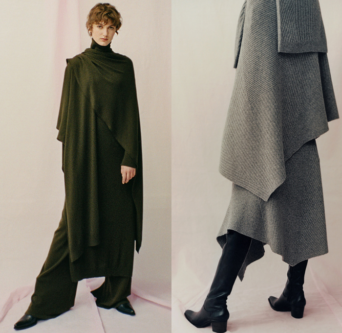 Pringle of Scotland 2019 Pre-Fall Autumn Womens Lookbook Presentation - Patchwork Chunky Ribbed Cable Knit Sweater Argyle Draped Turtleneck Jersey Sweaterdress Scarf Leg O'Mutton Sleeves Angular Handkerchief Hem Skirt Cape Wide Leg Trousers Cargo Pants Boots