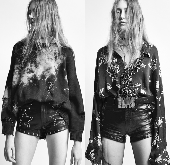 R13 by Chris Leba 2019 Pre-Fall Autumn Womens Lookbook Presentation - Marie Antoinette Rock n' Roll Grunge Elvis Leather Jacket Blazer Check Pinstripe Embroidery Metallic Studs Bedazzled Ruffles Blouse Leopard Destroyed Destructed Frayed Raw Hem Denim Jeans Camouflage Parka Cutoffs Shorts Jorts Cargo Utility Pockets Motorcycle Biker Straps Scarf Fringes Acid Wash Safety Pins Flowers Floral Choker Guitar Necklace Vest Sneakers Cinched Leg Boots