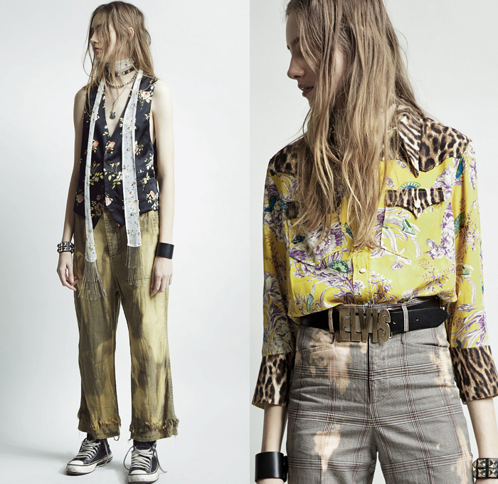 R13 by Chris Leba 2019 Pre-Fall Autumn Womens Lookbook Presentation - Marie Antoinette Rock n' Roll Grunge Elvis Leather Jacket Blazer Check Pinstripe Embroidery Metallic Studs Bedazzled Ruffles Blouse Leopard Destroyed Destructed Frayed Raw Hem Denim Jeans Camouflage Parka Cutoffs Shorts Jorts Cargo Utility Pockets Motorcycle Biker Straps Scarf Fringes Acid Wash Safety Pins Flowers Floral Choker Guitar Necklace Vest Sneakers Cinched Leg Boots