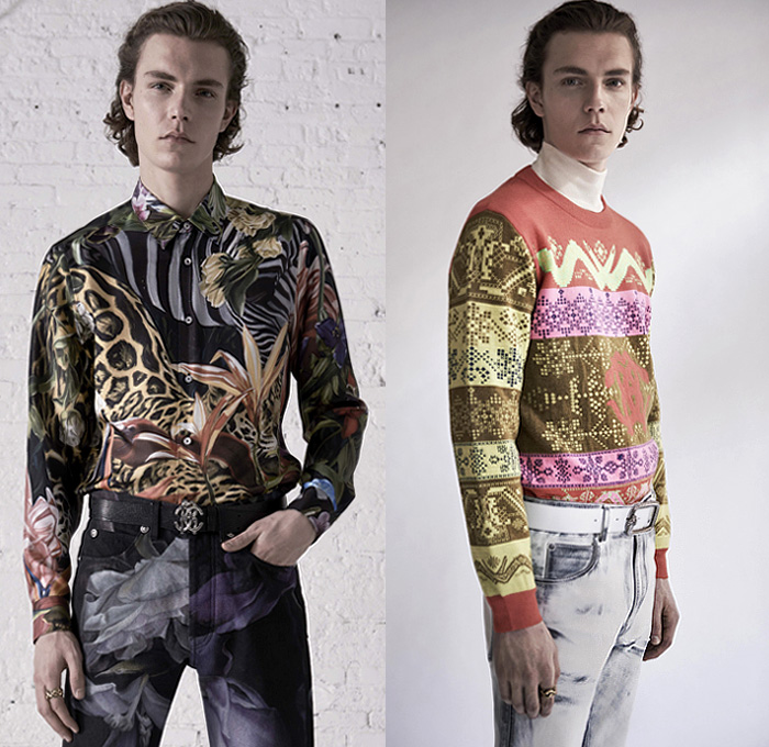 Roberto Cavalli 2019 Pre-Fall Autumn Mens Lookbook Presentation - Animal Safari Jungle Leopard Cheetah Snake Zebra Flowers Floral Graphic Long Sleeve Shirt Knit Turtleneck Sweater Geometric Tribal Track Jacket Suit Blazer Leather Motorcycle Biker Panels Tapered Pants Wool Fleece Outerwear Parka Coat Scarf Fringes Acid Wash Faded Printed Jeans Trainers Running Shoes Boots