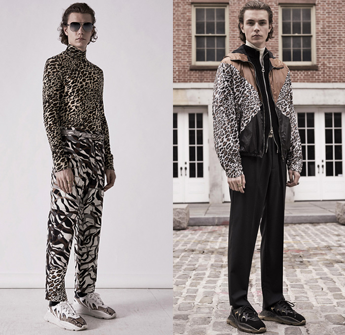 Roberto Cavalli 2019 Pre-Fall Autumn Mens Lookbook Presentation - Animal Safari Jungle Leopard Cheetah Snake Zebra Flowers Floral Graphic Long Sleeve Shirt Knit Turtleneck Sweater Geometric Tribal Track Jacket Suit Blazer Leather Motorcycle Biker Panels Tapered Pants Wool Fleece Outerwear Parka Coat Scarf Fringes Acid Wash Faded Printed Jeans Trainers Running Shoes Boots