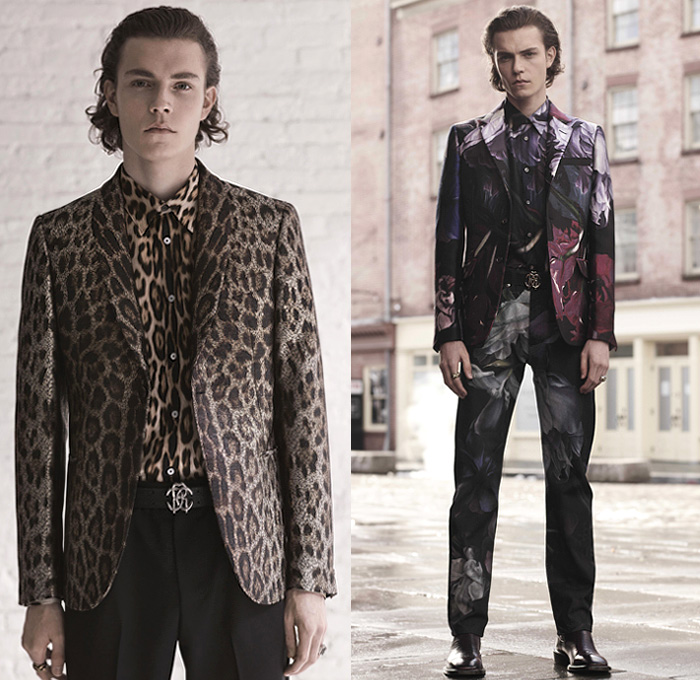 Roberto Cavalli 2019 Pre-Fall Autumn Mens Lookbook Presentation - Animal Safari Jungle Leopard Cheetah Snake Zebra Flowers Floral Graphic Long Sleeve Shirt Knit Turtleneck Sweater Geometric Tribal Track Jacket Suit Blazer Leather Motorcycle Biker Panels Tapered Pants Wool Fleece Outerwear Parka Coat Scarf Fringes Acid Wash Faded Printed Jeans Trainers Running Shoes Boots