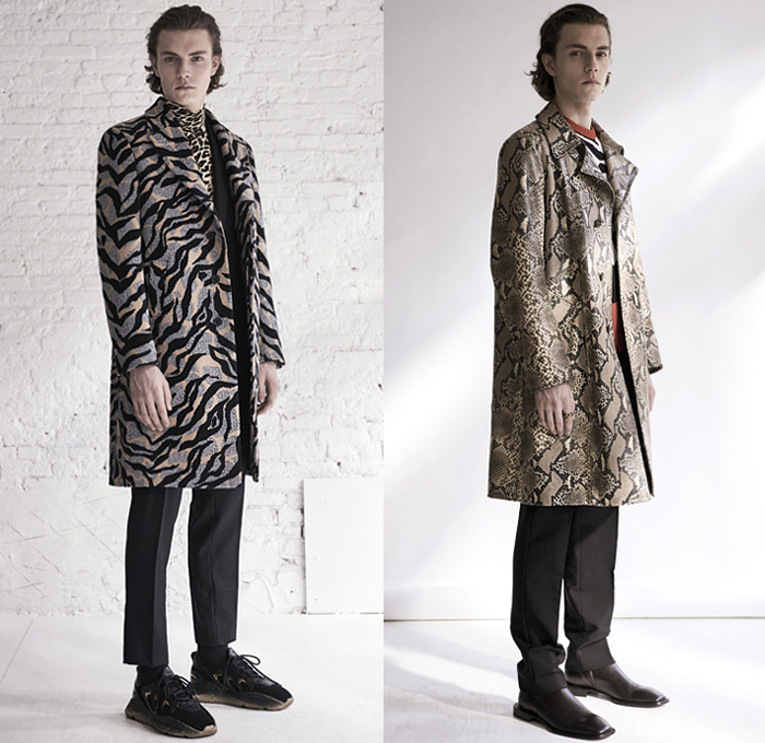 Roberto Cavalli 2019 Pre-Fall Autumn Mens Lookbook Presentation - Animal Safari Jungle Leopard Cheetah Snake Zebra Flowers Floral Graphic Long Sleeve Shirt Knit Turtleneck Sweater Geometric Tribal Track Jacket Suit Blazer Leather Motorcycle Biker Panels Tapered Pants Wool Fleece Outerwear Parka Coat Scarf Fringes Acid Wash Faded Printed Jeans Trainers Running Shoes Boots