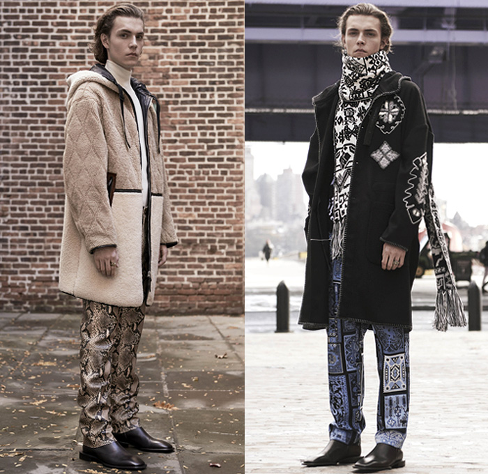 Roberto Cavalli 2019 Pre-Fall Autumn Mens Lookbook Presentation - Animal Safari Jungle Leopard Cheetah Snake Zebra Flowers Floral Graphic Long Sleeve Shirt Knit Turtleneck Sweater Geometric Tribal Track Jacket Suit Blazer Leather Motorcycle Biker Panels Tapered Pants Wool Fleece Outerwear Parka Coat Scarf Fringes Acid Wash Faded Printed Jeans Trainers Running Shoes Boots