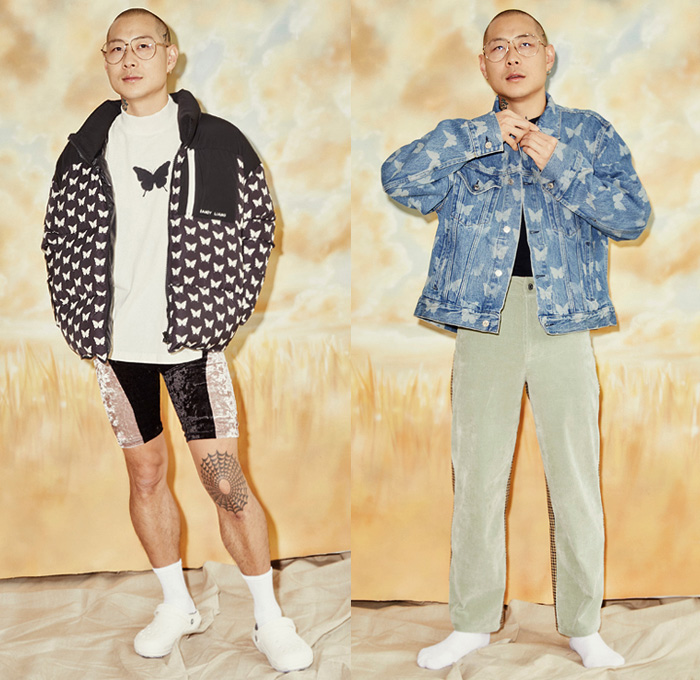 Sandy Liang 2019 Pre-Fall Autumn Mens Lookbook Presentation - Quilted Puffer Butterfly Print Graphic Parka Cycling Bike Compression Shorts Tights Denim Jeans Trucker Jacket Trousers Crocs