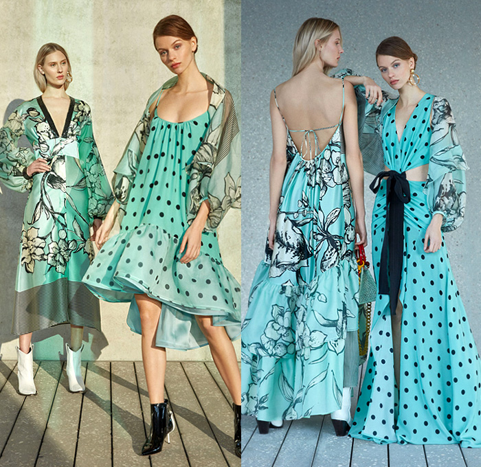 Silvia Tcherassi 2019 Pre-Fall Autumn Womens Lookbook Presentation - Breezy Silk Satin Maxi Dress Polka Dots Tie Up Cutout Waist Knot Bow Leg O'Mutton Sleeves Flowers Floral Print Kimono Robe Houndstooth Wrap Midriff Top Accordion Pleats Stripes Double Collar Check Plaid Trench Coat Jacket Swimwear Sheer Chiffon Asymmetrical Hem Tie-Dye Halterneck Cropped Pants Cycling Bike Compression Shorts Basket Bum Bag Fanny Pack Boots