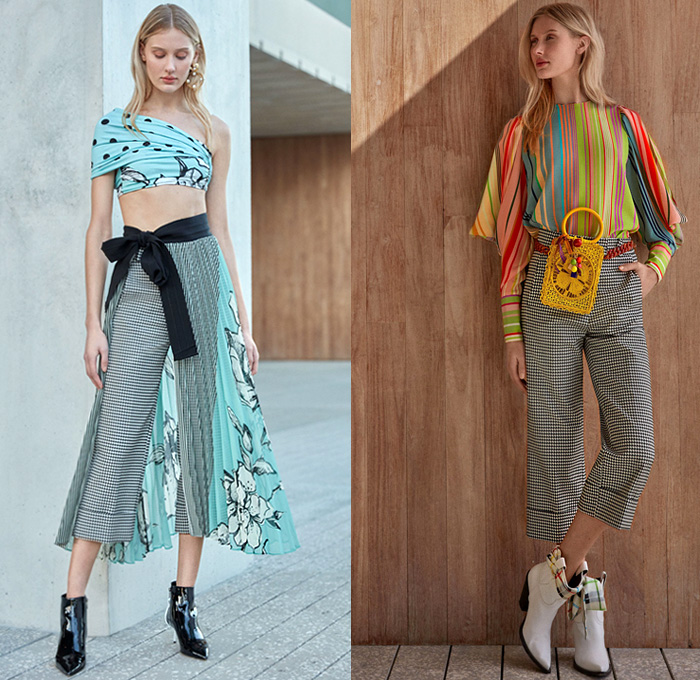 Silvia Tcherassi 2019 Pre-Fall Autumn Womens Lookbook Presentation - Breezy Silk Satin Maxi Dress Polka Dots Tie Up Cutout Waist Knot Bow Leg O'Mutton Sleeves Flowers Floral Print Kimono Robe Houndstooth Wrap Midriff Top Accordion Pleats Stripes Double Collar Check Plaid Trench Coat Jacket Swimwear Sheer Chiffon Asymmetrical Hem Tie-Dye Halterneck Cropped Pants Cycling Bike Compression Shorts Basket Bum Bag Fanny Pack Boots