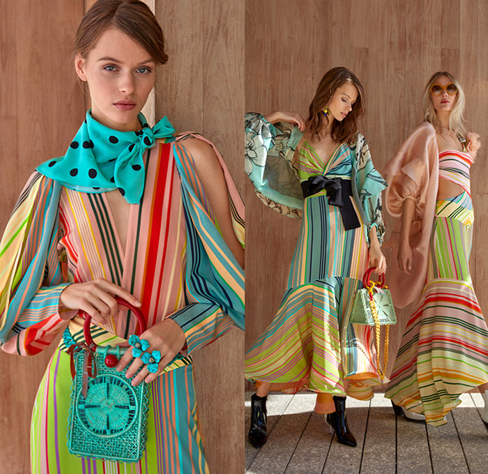 Silvia Tcherassi 2019 Pre-Fall Autumn Womens Lookbook Presentation - Breezy Silk Satin Maxi Dress Polka Dots Tie Up Cutout Waist Knot Bow Leg O'Mutton Sleeves Flowers Floral Print Kimono Robe Houndstooth Wrap Midriff Top Accordion Pleats Stripes Double Collar Check Plaid Trench Coat Jacket Swimwear Sheer Chiffon Asymmetrical Hem Tie-Dye Halterneck Cropped Pants Cycling Bike Compression Shorts Basket Bum Bag Fanny Pack Boots