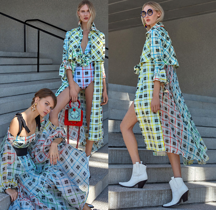 Silvia Tcherassi 2019 Pre-Fall Autumn Womens Lookbook Presentation - Breezy Silk Satin Maxi Dress Polka Dots Tie Up Cutout Waist Knot Bow Leg O'Mutton Sleeves Flowers Floral Print Kimono Robe Houndstooth Wrap Midriff Top Accordion Pleats Stripes Double Collar Check Plaid Trench Coat Jacket Swimwear Sheer Chiffon Asymmetrical Hem Tie-Dye Halterneck Cropped Pants Cycling Bike Compression Shorts Basket Bum Bag Fanny Pack Boots