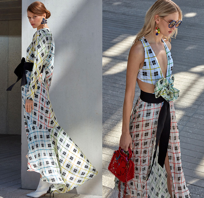 Silvia Tcherassi 2019 Pre-Fall Autumn Womens Lookbook Presentation - Breezy Silk Satin Maxi Dress Polka Dots Tie Up Cutout Waist Knot Bow Leg O'Mutton Sleeves Flowers Floral Print Kimono Robe Houndstooth Wrap Midriff Top Accordion Pleats Stripes Double Collar Check Plaid Trench Coat Jacket Swimwear Sheer Chiffon Asymmetrical Hem Tie-Dye Halterneck Cropped Pants Cycling Bike Compression Shorts Basket Bum Bag Fanny Pack Boots