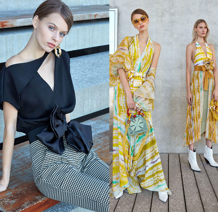 Silvia Tcherassi 2019 Pre-Fall Autumn Womens Lookbook Presentation - Breezy Silk Satin Maxi Dress Polka Dots Tie Up Cutout Waist Knot Bow Leg O'Mutton Sleeves Flowers Floral Print Kimono Robe Houndstooth Wrap Midriff Top Accordion Pleats Stripes Double Collar Check Plaid Trench Coat Jacket Swimwear Sheer Chiffon Asymmetrical Hem Tie-Dye Halterneck Cropped Pants Cycling Bike Compression Shorts Basket Bum Bag Fanny Pack Boots