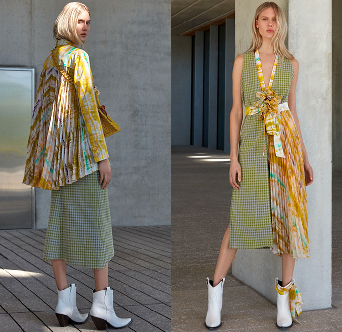 Silvia Tcherassi 2019 Pre-Fall Autumn Womens Lookbook Presentation - Breezy Silk Satin Maxi Dress Polka Dots Tie Up Cutout Waist Knot Bow Leg O'Mutton Sleeves Flowers Floral Print Kimono Robe Houndstooth Wrap Midriff Top Accordion Pleats Stripes Double Collar Check Plaid Trench Coat Jacket Swimwear Sheer Chiffon Asymmetrical Hem Tie-Dye Halterneck Cropped Pants Cycling Bike Compression Shorts Basket Bum Bag Fanny Pack Boots