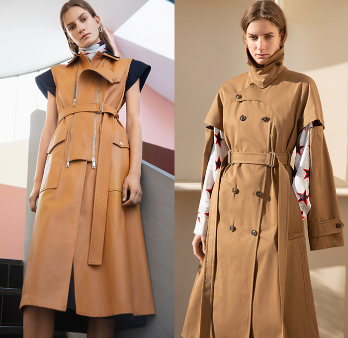 Sportmax 2019 Pre-Fall Autumn Womens Lookbook Presentation - Leather Trench Coat Hoodie Zipper Tabard Vest Panels Turtleneck Knit Sweater Cardigan Extended Cap Sleeves Stars Mullet High Low Hem Wool Wide Leg Slouchy Pants Dress Shorts Handbag Moccasins 