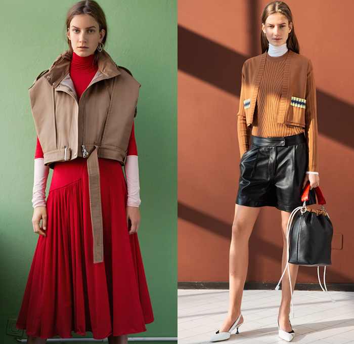 Sportmax 2019 Pre-Fall Autumn Womens Lookbook Presentation - Leather Trench Coat Hoodie Zipper Tabard Vest Panels Turtleneck Knit Sweater Cardigan Extended Cap Sleeves Stars Mullet High Low Hem Wool Wide Leg Slouchy Pants Dress Shorts Handbag Moccasins 