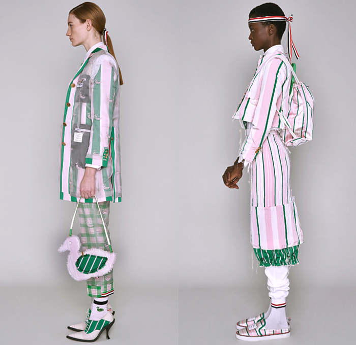 Thom Browne 2019 Pre-Fall Autumn Womens Lookbook Presentation - Ducks Pond Landscape Dog Graphic Motif Embroidery Sporty Preppy Headband Stripes Wool Tweed Quilted Puffer Fur Denim Jeans Parka Military Coat Blazer Patchwork Frayed Raw Hem Sheer Lace Varsity Bomber Jacket Knit Cardigan Check Accordion Pleats Necktie Ribbons Split Half Panel Cargo Pockets 
Handbag Doctor's Bag Pointed Shoes Sneakers Boots
